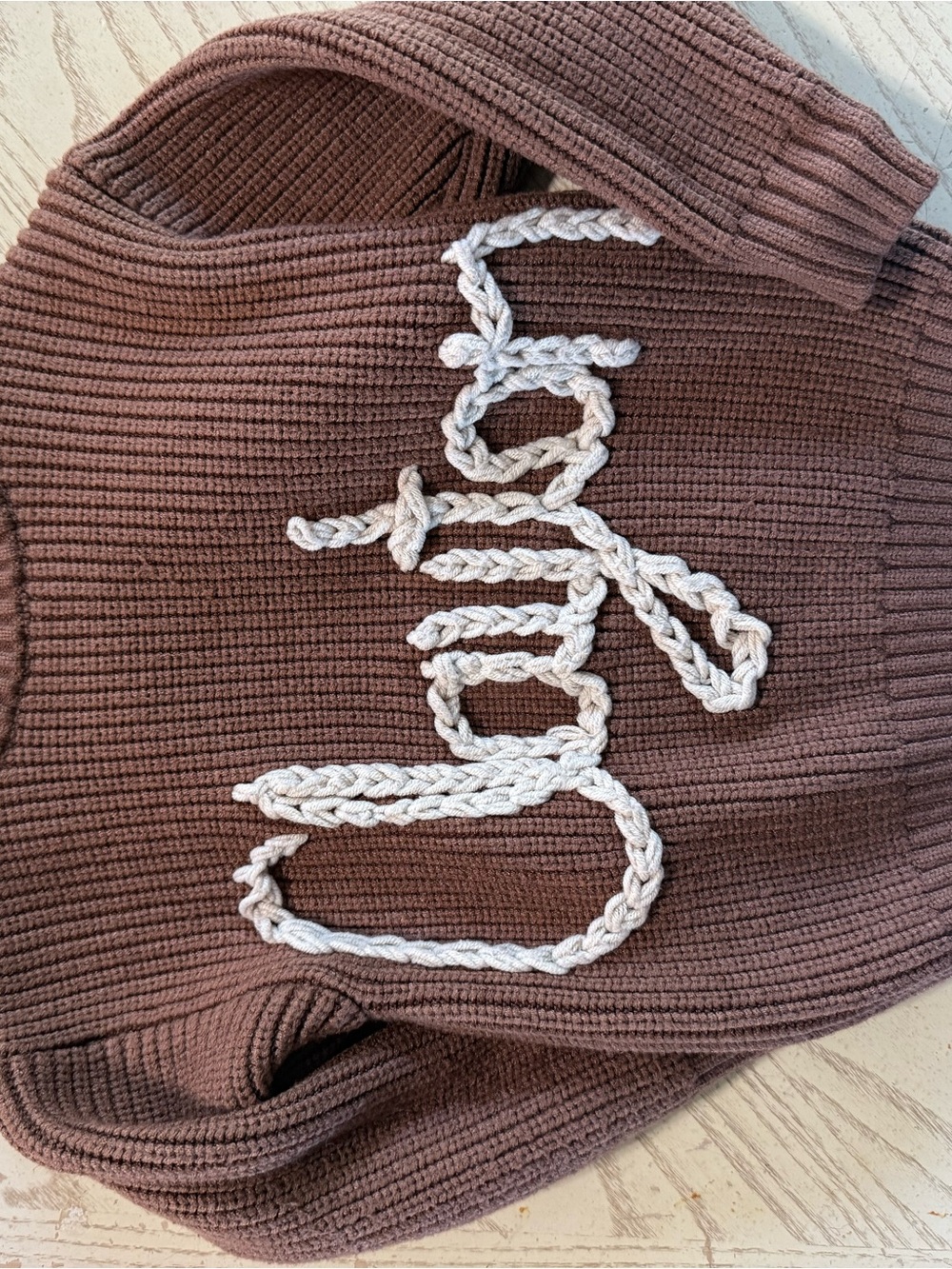 Toddler Brown Knit Sweater with White Braided Script “Clayton”